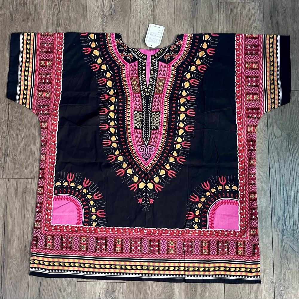 Vibrant Black and Pink Dashiki Top Plus